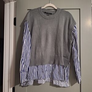 French Connection Mixmedia Gray Sweater Vest with Striped Shirt Size XL